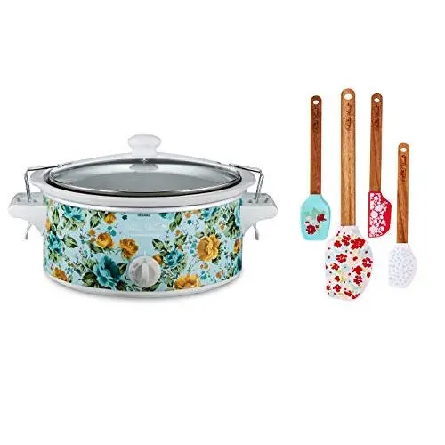 The Pioneer Woman| 6-Quart| Portable Slow Cooker| Rose Shadow by Hamilton Beach| bundle with The Pioneer Woman Garden Party Silicone Spatula and Mini Spatula Set| 4-Pack| Teal|