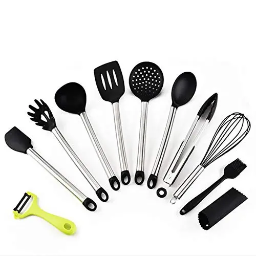 Silicone Cooking Set Of 10 Stainless Steel Handle Kitchenware Set Non-Stick Cookware Cooking Spoon Shovel