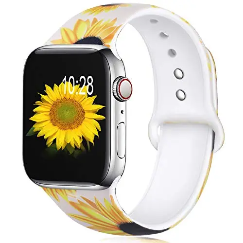 KOLEK Floral Bands Compatible with Apple Watch 42mm 44mm, Silicone Fadeless Pattern Printed Replacement Bands for iWatch Series 4 3 2 1, Sunflower, M L