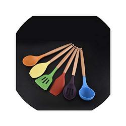 Ill NEVER BE HER Wooden Handle Color Silica Gel Kitchenware 6 Pieces Set Non-Stick Pan Silicone Kitchenware Set Cooking Shovel Spoon Tool