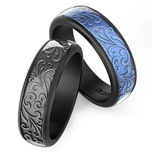 Ikonfitness Silicone Wedding Ring, Two Piece Rubber Wedding Ring with Unique 3D Sculptured Flower Pattern, 6.5 mm Wide 2 Pack in Metal Box