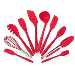 Silicone Kitchenware Set 10 Piece Set Silicone Scraper Brush Food Clip Cooking Shovel Spoon Kitchen utensils Spoon (Color : Red)