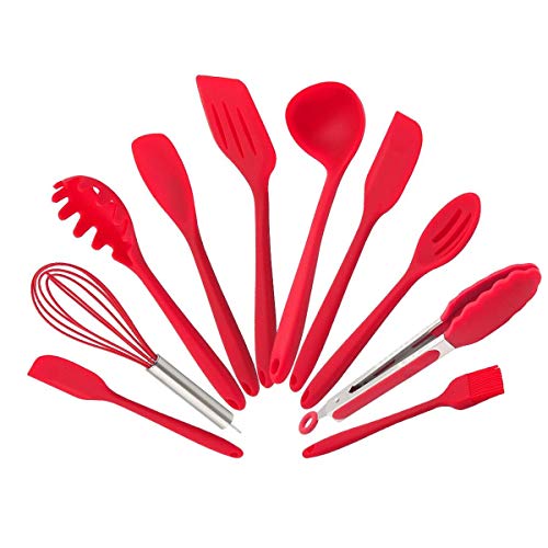 Silicone Kitchenware Set 10 Piece Set Silicone Scraper Brush Food Clip Cooking Shovel Spoon Kitchen utensils Spoon (Color : Red)