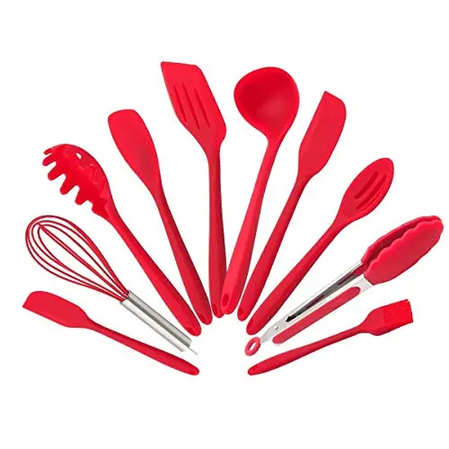 Silicone Kitchenware Set 10 Piece Set Silicone Scraper Brush Food Clip Cooking Shovel Spoon Kitchen utensils Spoon (Color : Red)