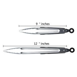 DRAGONN Premium Set of 12-inch and 9-inch Stainless-Steel Locking Kitchen Tongs, Set of 2 - Sturdy, Heavy Duty Tong Set - Great for Cooking, Grilling, and Barbecue (BBQ) (Silver)