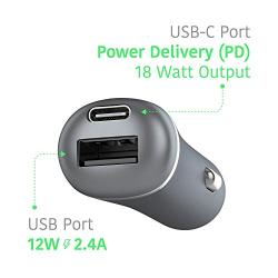 Car Charger USB Phone Charger - by TalkWorks | 30W/5.4A Power Delivery (PD) | Dual Port (USB Type C/USB-A) Phone Charger for Apple iPhone, iPad, Samsung Galaxy, Tablet, Nintendo Switch - Slate