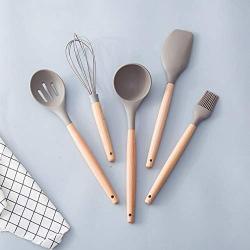 Wooden Spoon Set - Kitchenware High temperature silicone set eggbeater colander wooden handle teaspoon Cocktail stirrer spoon Barware drink 19JUL3 - Brown - UNS