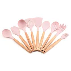 Kitchen Supplies Set of 9 Nonstick Kitchen Cooking Tools Silicone Kitchenware Set Household Wood Handle Spatula Tool Accessories (Color : 03)