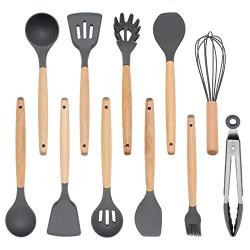 SHUHAO Kitchenware Set Silicone Cookware, 11 Pieces of Natural Wooden Handle Cookware Without BPA Kitchen Gadget Cookware Set, Suitable for Cooking