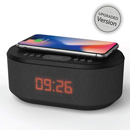 Bedside Radio Alarm Clock with USB Charger, Bluetooth Speaker, QI Wireless Charging, Dual Alarm & Dimmable LED Display (Black)