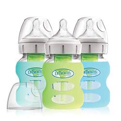 Dr. Browns Options+ Wide-Neck Glass Baby Bottles in Silicone Sleeve, Mint/Green/Blue, 5 Ounce, 3 Count