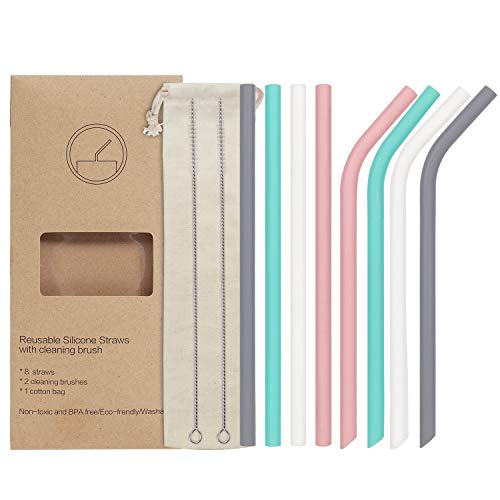 YIHONG Set of 8 Big Silicone Drinking Straws,Reusable Straws for 20 oz and 30oz Tumblers,Eco-friendly Straws for Milkshake Smoothies- 8mm Diameter- 9.8 Inch Long- 4 Straight+4 Bent+2 Brushes+1 Pouch