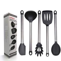 JunbosiKitchenware Stainless Steel Silicone Kitchenware 5 Set of 10 Handle Spatula Scraper Soup Colander Set,5pieceset