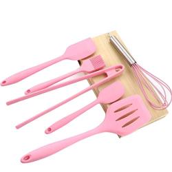 XUNHANG Silicone Kitchen Cutlery Non-stick Pink Set Of 6pcs With Food Clip, Egg Beater,Spatula2,Brush,Colander for Cooking/Baking/BBQ Chef Basting Set Kitchen Appliances Silicone Kitchenware Pink Spa