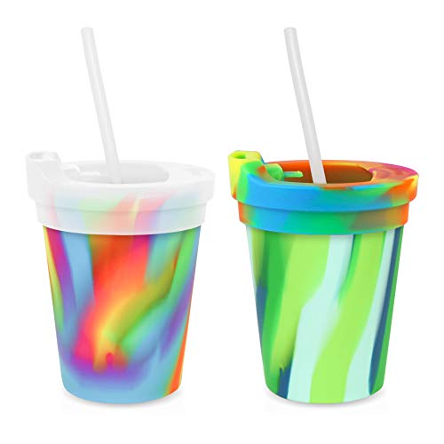 Silipint Safe Silicone Kids 8oz Cups Sea Swirl & Hippie Hop, U.S. Patented, BPA-Free, Unbreakable, Sealable Lid, Silistraws Included (2 Cups/Lids and Straws)