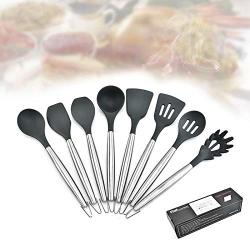 Set Of Eight Sets of Silicone Kitchenware - Heat-Resistant Silicone Spoon and Scraper - Seamless Design - Non-Stick Cooking Spoon Shovel, Stainless Steel Core, 8-piece set