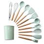 QKa Silicone Kitchenware Set Set of 11 Cooking Utensils with Plastic Utensil Holder, Non Stick and Heat Resistant Wooden Utensils Non Toxic Best Chef Kitchen Tool Set