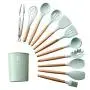 QKa Silicone Kitchenware Set Set of 11 Cooking Utensils with Plastic Utensil Holder, Non Stick and Heat Resistant Wooden Utensils Non Toxic Best Chef Kitchen Tool Set