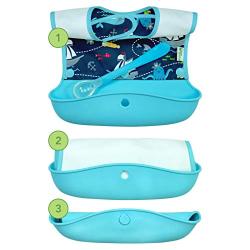 green sprouts Snap & Go  Silicone Food-catcher Bib (4pc set) | 3 meal, waterproof protection for messy eaters | Interchangeable tops to keep baby dry, Neatly roll up for mess & utensil storage