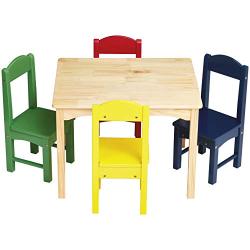 AmazonBasics Kids Wood Table and 4 Chair Set, Natural Table, Assorted Color Chairs