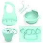 Baby Feeding Set,Including Bowl with Suction, Dish, Bendable Fork and Spoon, Adjustable Baby bib, and Snack Cups. Harmless, Silicone, Easy to Clean Again, Perfect Infant Baby Shower Gift - Green