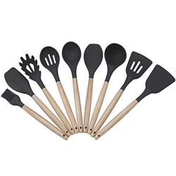 Kitchenware Utensils Set 9 Piece Premium Silicone Wooden handle Heat Resistant Non-Stick Cooking Professional Tools Black