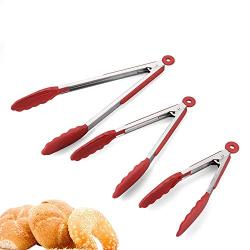 Jdeepued Silicone kitchenware 3-Piece 7" 9" 12" Kitchen Tongs Heavy Duty Non-Stick Clamp Clip for Kitchen BBQ Cooking Grilling Buffet Salad Bread Red Black Silicone Kitchen Utensils