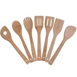 Moligh doll Bamboo Cooking Utensils Set, 7 Pack Kitchen Tools Wooden Spoons and Spatula 11.8, Best for Non Sticky Pans and Cookware