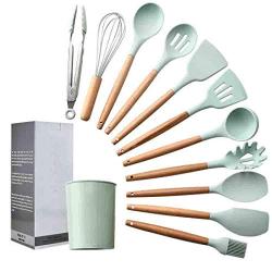 Hjyi Kitchen Cooking waterfront Storage barrel wooden handle silicone kitchenware 11 pieces set non-stick spatula high temperature kitchen utensils cooking Set