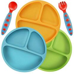 PandaEar Divided Unbreakable Silicone Baby and Toddler Plates - 3 Pack - Non-Slip - Dishwasher and Microwave Safe - FDA/LFGB Certified Silicone Blue Green Yellow