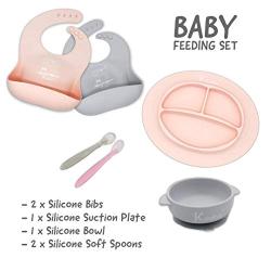 Kcuina 6 Piece Baby Feeding Set- Includes 2 Silicone Bibs, 1 Strong Suction Divided Plate, 1 Strong Suction Bowl & 2 Soft Spoon Set- Food Grade & FDA Approved Silicone (Pink/Gray)?