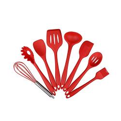 Non-stick Silicone Kitchenware Set, Environmentally Friendly Cooking Shovel Spoon, Kitchen Utensils, Safety and Hygiene (Color : Red, Style : 10 piece set)