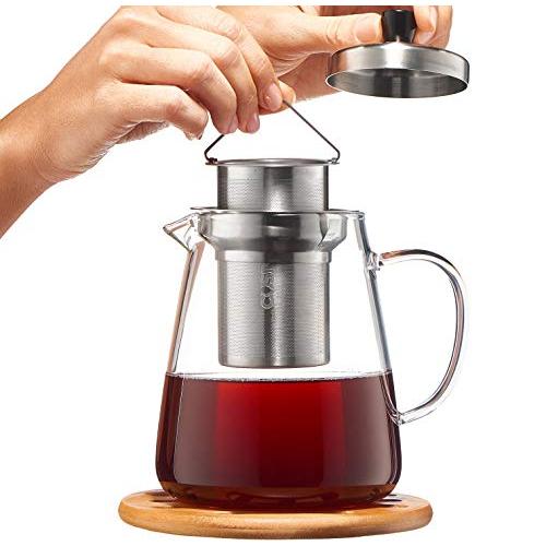 Glass Teapot Kettle with Infuser - Loose Leaf Tea Pot 32oz - Stovetop Safe Clear Tea Maker - Tea Pot Strainer for Blooming, Flowering, Loose tea - Sleeve for Warmer Tea, Coaster & E-Book