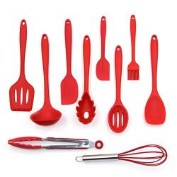 YWT 10 Piece Non-Stick Pan Environmentally Friendly Silicone Kitchen Utensils- Silicone Kitchenware Set Cooking Shovel Spoon Tool-Red-Suitable for Cooking and Baking