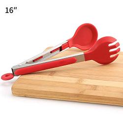 Jdeepued Silicone kitchenware 3-Piece 16" Spoon-Shaped Tongs Heavy Duty Non-Stick Clamp Clip for Kitchen BBQ Cooking Grilling Buffet Noodles Salad Red Silicone Kitchen Utensils