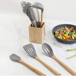 Jdeepued Silicone kitchenware Silicone Kitchen Utensils 9-Piece Cooking Utensils Set with Bamboo Wood Handles for Nonstick Cookware Utensils Holder Included Gray Silicone Kitchen Utensils