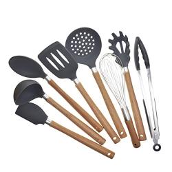 Silicone Kitchenware Set of 8 Wooden Handle Non-Stick Shovel Spoon Tool Shovel Soup Fishing Spoon Cooking Utensils Set