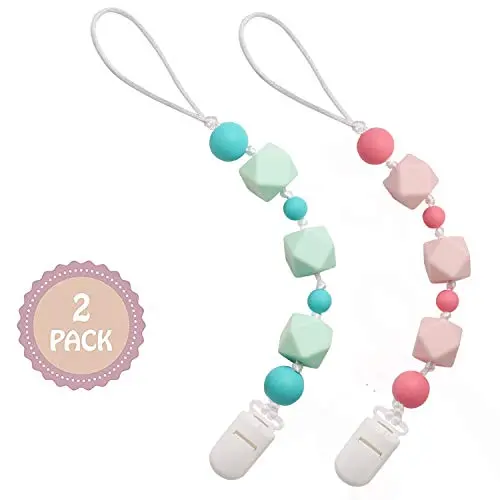 Pacifier Clip, Aurrako Baby Beads Teething Toys Holder - BPA Free Silicone Chew Beads for Girls and Boys Pacifier Leash for Soothies, Teether Toys, Stuffed Animals, Soothie/MAM (Green-Pink)