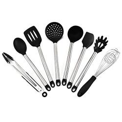 JunbosiKitchenware Silicone Kitchenware Set Stainless Steel Handle Cooking Spoon Shovel 8 Piece Set High Temperature Kitchen Tool Set