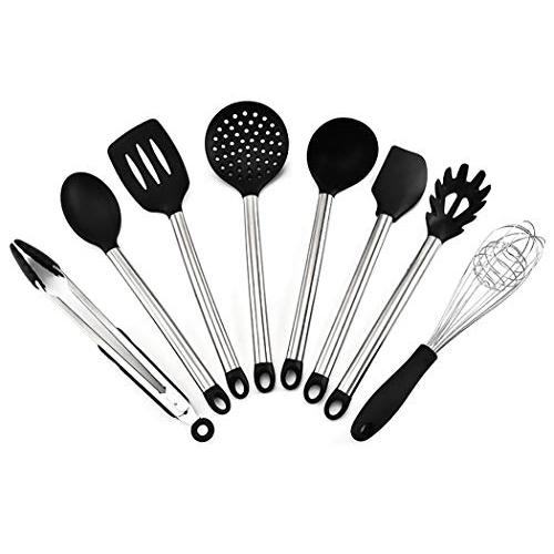 JunbosiKitchenware Silicone Kitchenware Set Stainless Steel Handle Cooking Spoon Shovel 8 Piece Set High Temperature Kitchen Tool Set