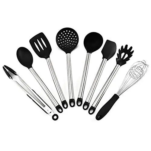 JunbosiKitchenware Silicone Kitchenware Set Stainless Steel Handle Cooking Spoon Shovel 8 Piece Set High Temperature Kitchen Tool Set