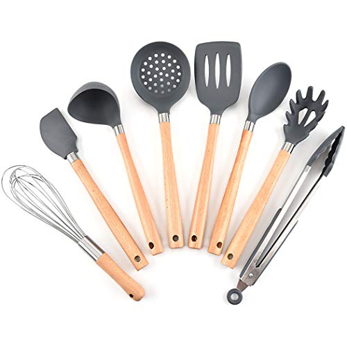 JunbosiKitchenware, Wooden Handle, Silicone Kitchenware, 8 Sets, Non-Stick Shovel Spoon Set, Household High Temperature Cooking Shovel,Gray