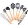 JunbosiKitchenware, Wooden Handle, Silicone Kitchenware, 8 Sets, Non-Stick Shovel Spoon Set, Household High Temperature Cooking Shovel,Gray