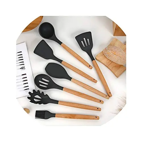 Sowoll Silicone Kitchenware Cooking Set Good Spatula Heat-Resistant Soup Spoon Non-Stick Special Cooking Shovel Kitchen Tools,7 Pcs Set