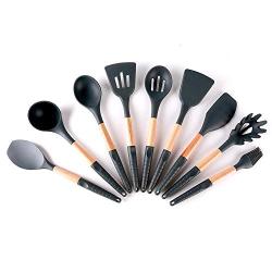 Kitchen Utensil Set 9 PCS cooking utensils, silicone sleeve slip handle set, wooden handle, non-stick heat resistant silicone kitchenware, Kitchenware