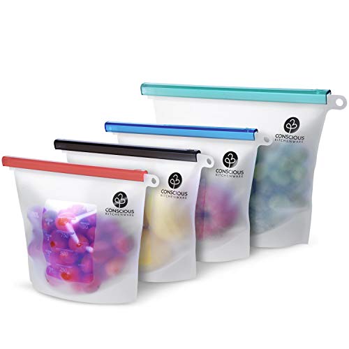 Reusable Silicone Food Storage Bags (1 Large 50 Oz + 3 Small 30 Oz) | Airtight Reusable Ziploc Bags BPA Free - Microwave, Freezer and Dishwasher Safe | Silicon Ziplock Zip Top Containers