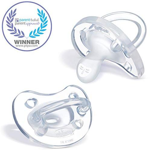 Chicco PhysioForma 100% Soft Silicone One Piece Pacifier for Babies 0-6 Months, Clear, Orthodontic Nipple, BPA-Free, 2-Count in Sterilizing Case