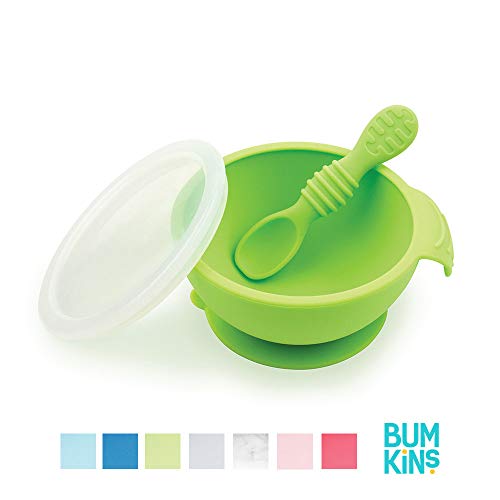 Bumkins Suction Silicone Baby Feeding Set, Bowl, Lid, Spoon, BPA-Free, First Feeding, Baby Led Weaning - Green