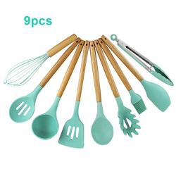 Silicone Cooking Utensils, 9pcs Nonstick Kitchenware with Wooden Handle for Home Restaurant Hotel Mint Green