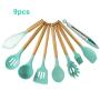 Silicone Cooking Utensils, 9pcs Nonstick Kitchenware with Wooden Handle for Home Restaurant Hotel Mint Green